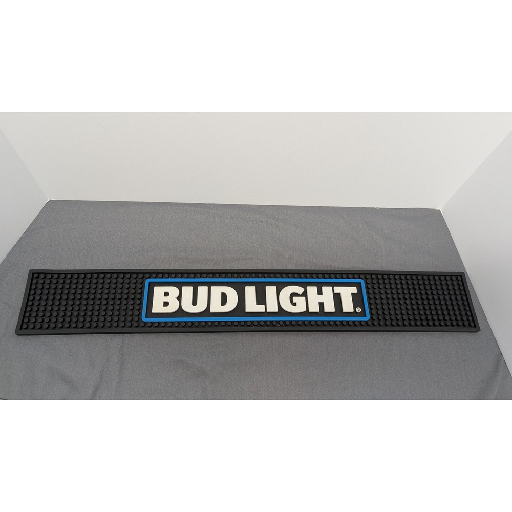 Bud Light Bar Rail Runner Mat 23.5x3.5 Black Blue Rubber Spill Mat Man Cave